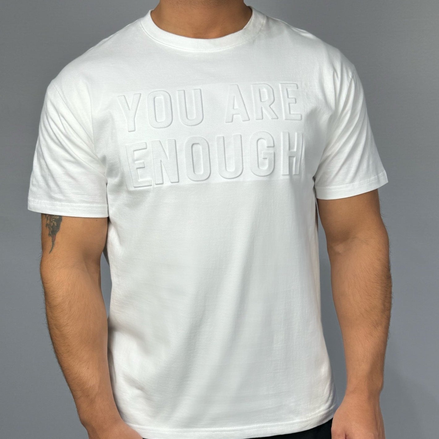 Product of Good Vibes "You Are Enough" White Embossed Crew Neck T-Shirt