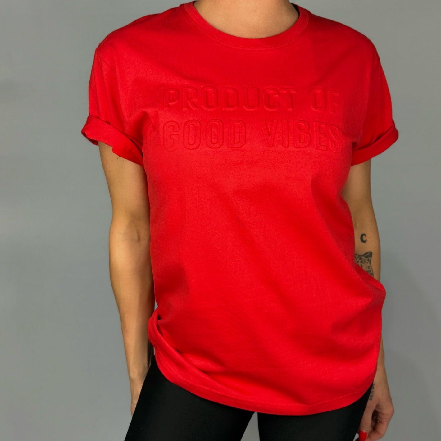 Product of Good Vibes Red Embossed Crew Neck T-shirt