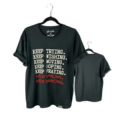 Product of Good Vibes "Keep Smiling and Keep Dancing" Black Crew Neck T-Shirt