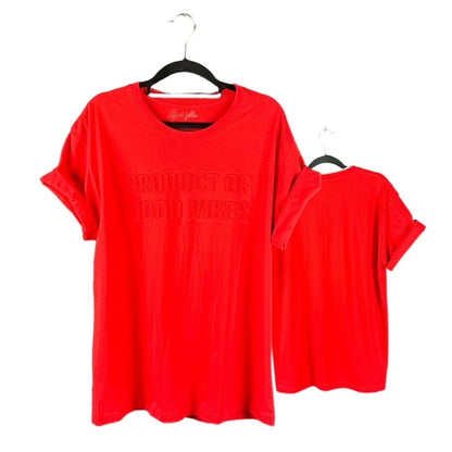 Product of Good Vibes Red Embossed Crew Neck T-shirt